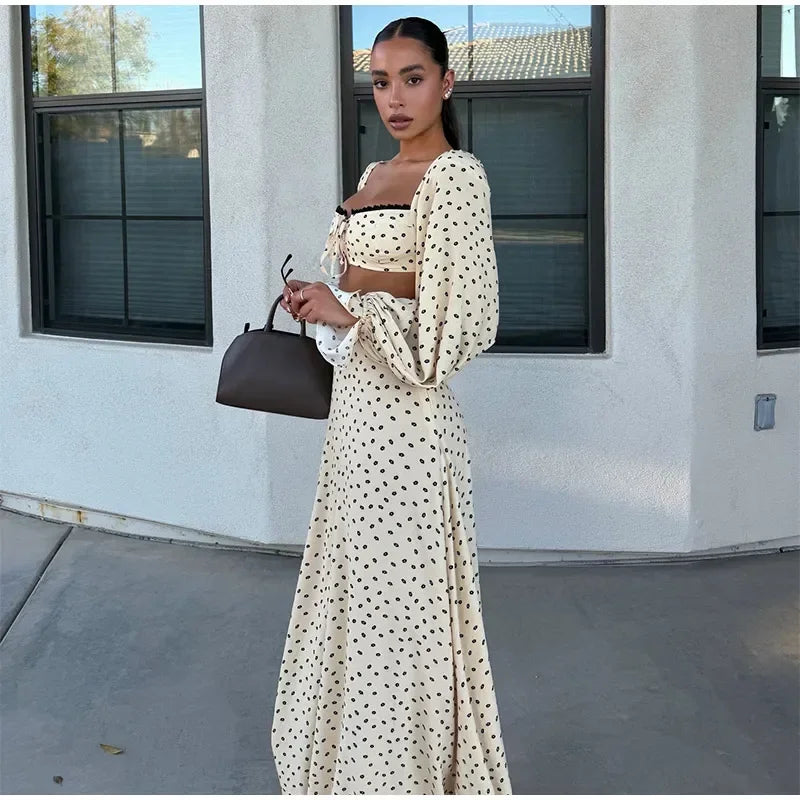Fashion Women's Polka Dot Long Skirt Set Square Neck Lantern Sleeve Lace Crop Top High Waist A-line Skirts 2026 Summer Lady Suit