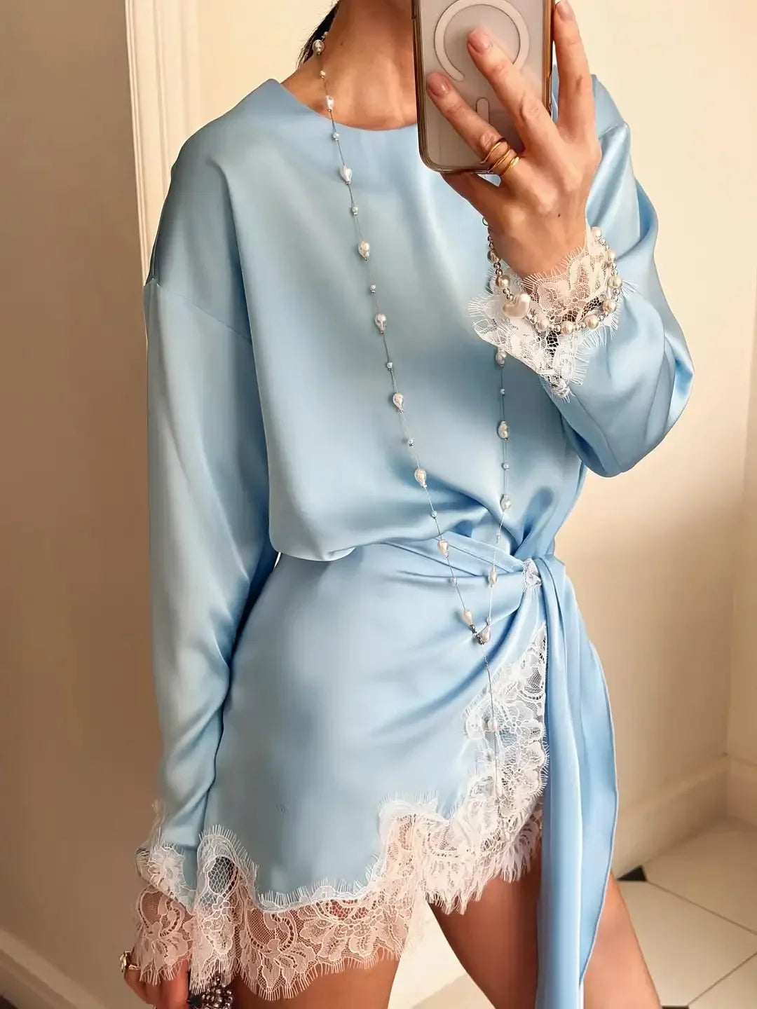 Amara Satin Lace Long-Sleeve Mini Dress