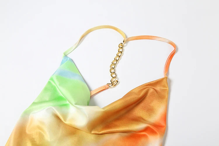 Clothilde Tie-Dye Satin Cowl-Neck Chain-Strap Backless Maxi Dress