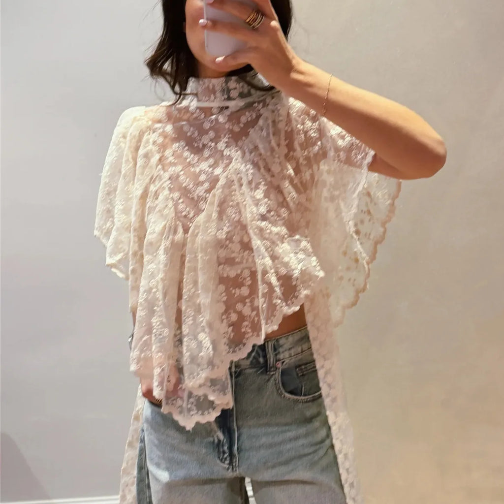 hirigin Y2K Fairy Mesh See Through Casual High Neck Looseshawls Women Floral Lace Embroidery Shawl Tops Asymmetrical Streetwear