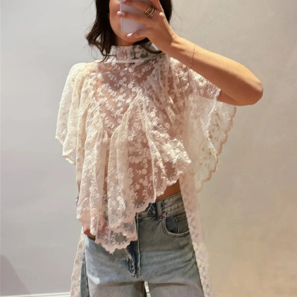 hirigin Y2K Fairy Mesh See Through Casual High Neck Looseshawls Women Floral Lace Embroidery Shawl Tops Asymmetrical Streetwear
