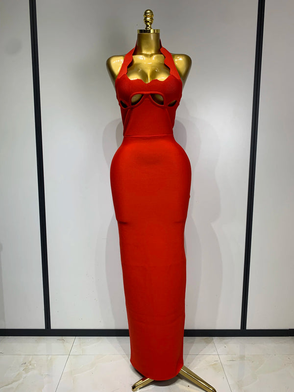Ornella Scalloped Cutout Halter Bandage Maxi Dress