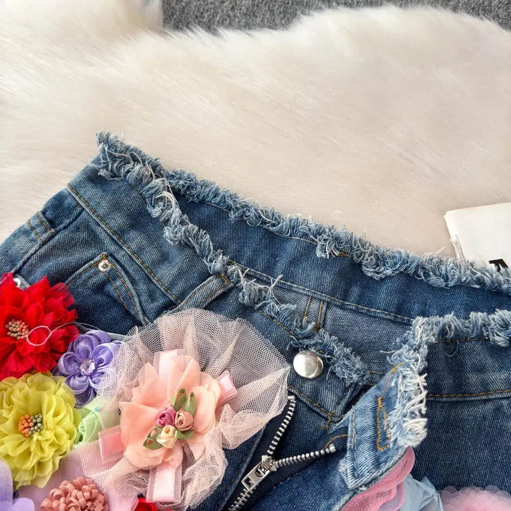 Flora 3D Floral Denim Shorts Apparel One-piece