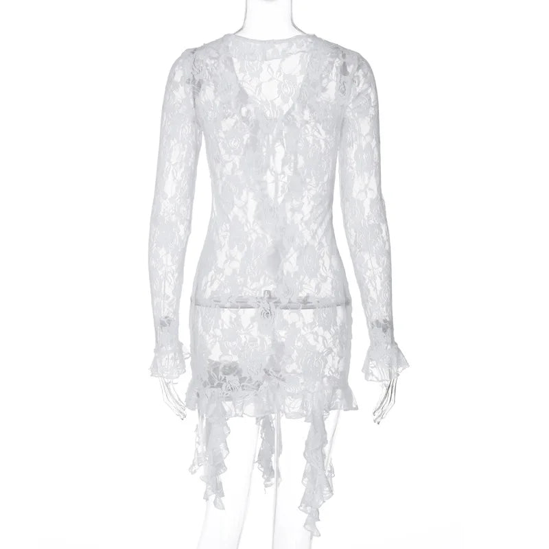 Angelique Sheer Lace Tie-Front Long-Sleeve Mini Dress