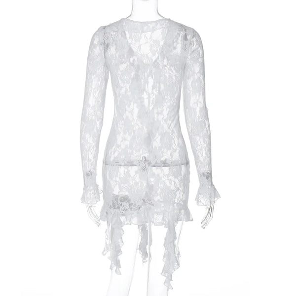 Angelique Sheer Lace Tie-Front Long-Sleeve Mini Dress