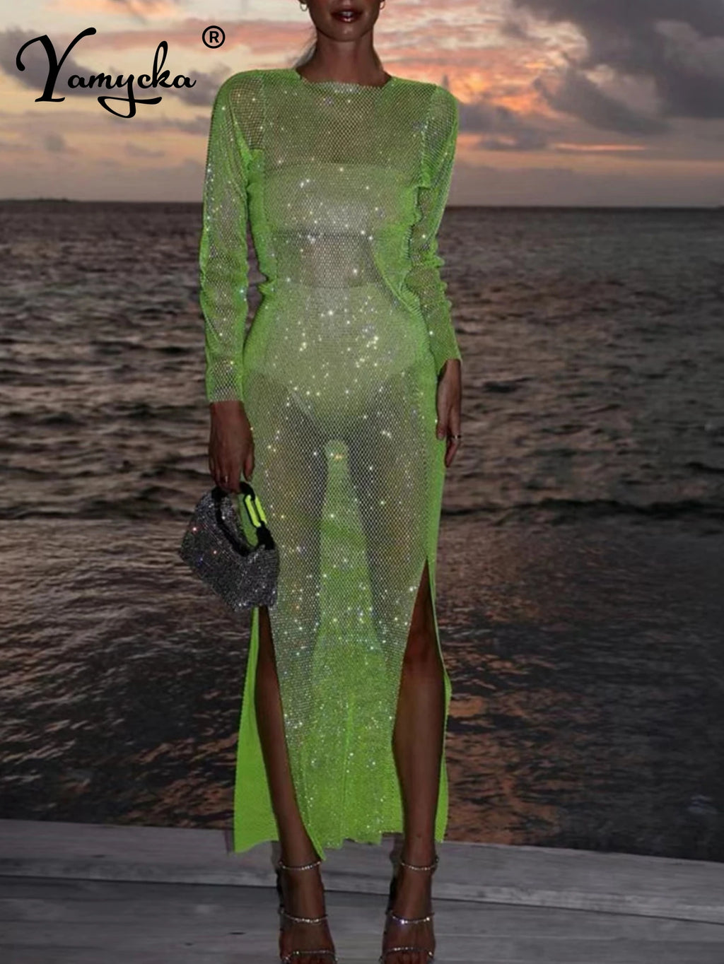 Petra Rhinestone Fishnet Sheer Maxi Dress