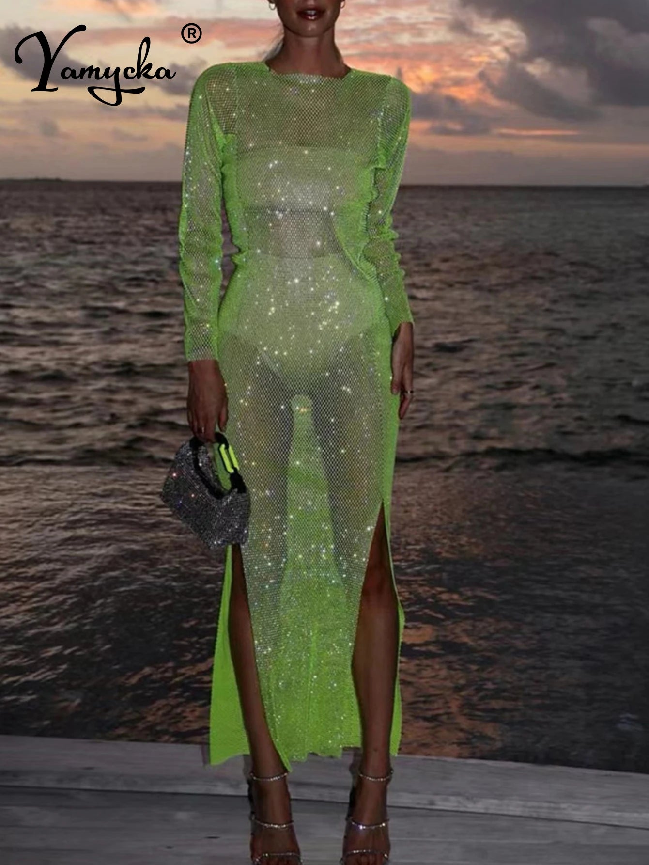 Petra Rhinestone Fishnet Sheer Maxi Dress Main image