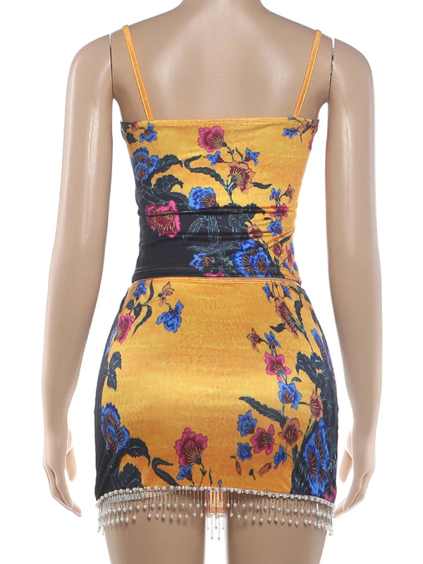 Guinevere Floral Fringe Beaded Mini Skirt Set Two-piece