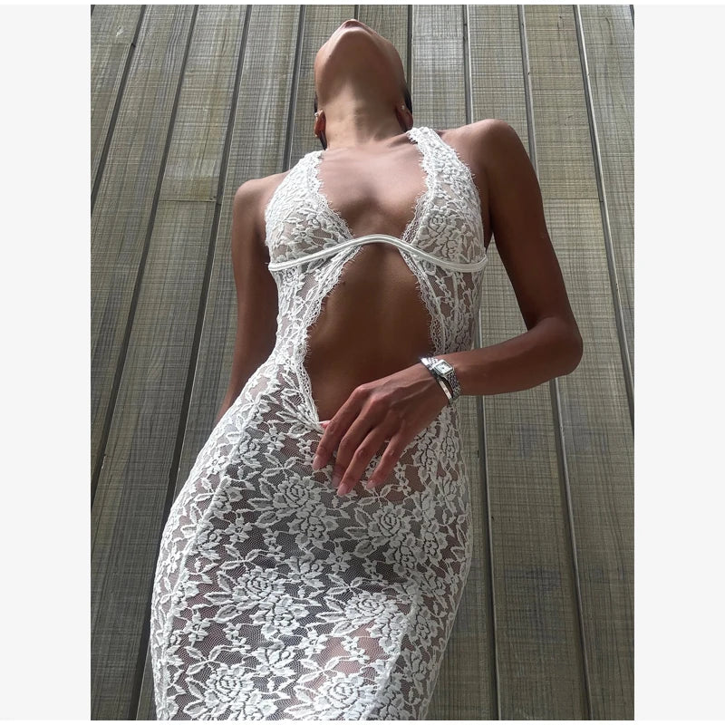 Thessaly Lace Halter Cutout Backless Mermaid Maxi Dress