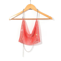 Leqoel Rhinestone Tops for Women 2022 Fashion Sleeveless Halter Hollow Out Shiny Metal Cropped Mesh Tank Sexy Backless Top