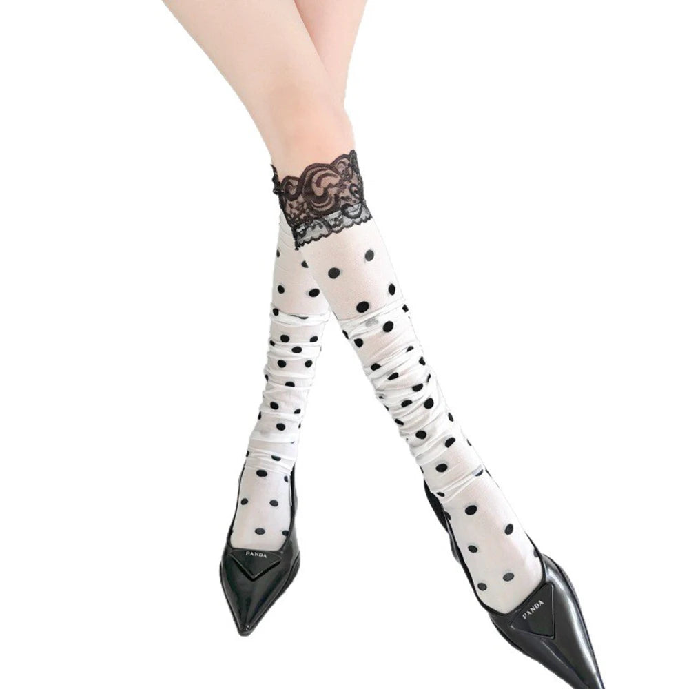 Colette Polka-Dot Lace-Trim Thigh-High Stockings