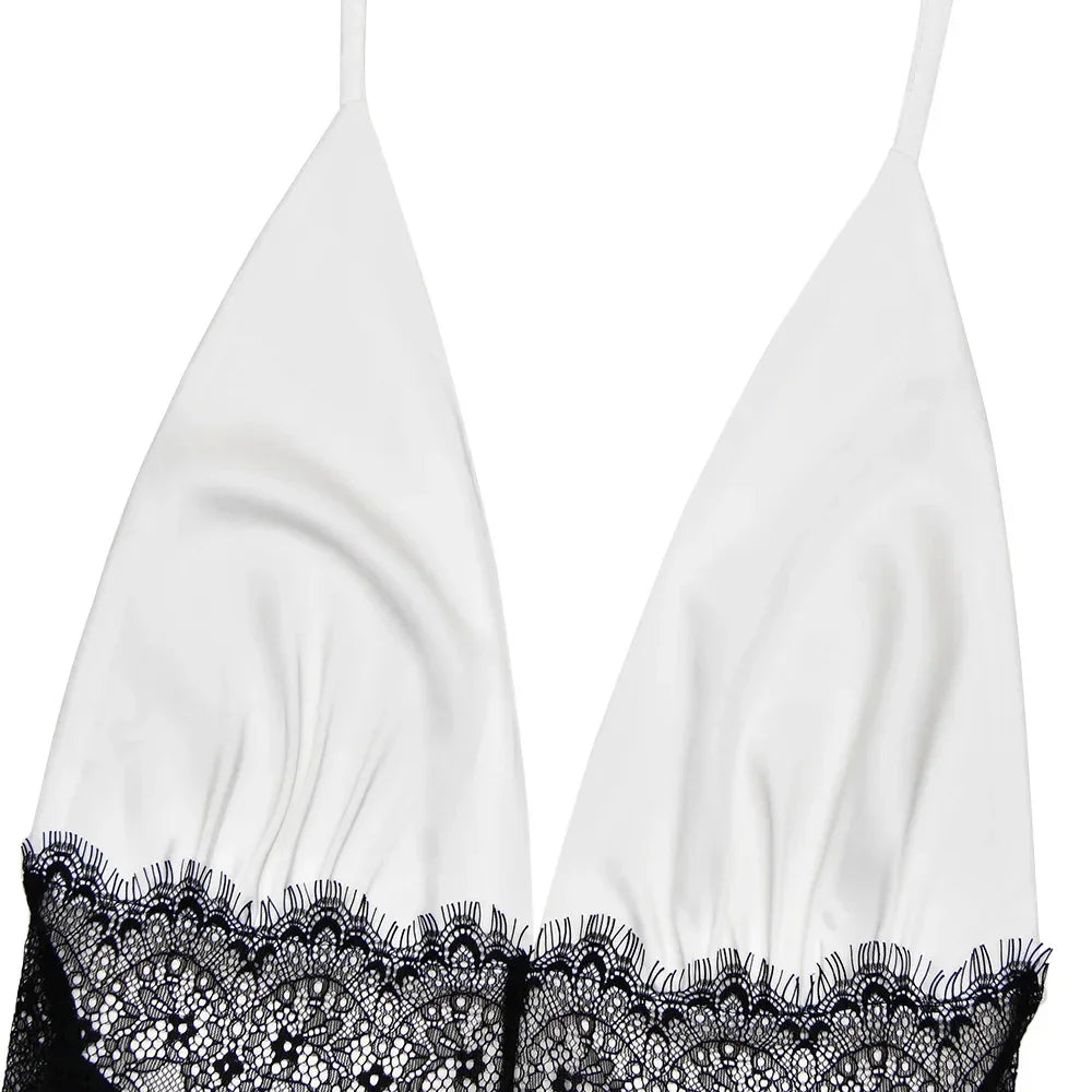 Pervinca Lace-Panel Satin Plunge Halter Backless Maxi Dress