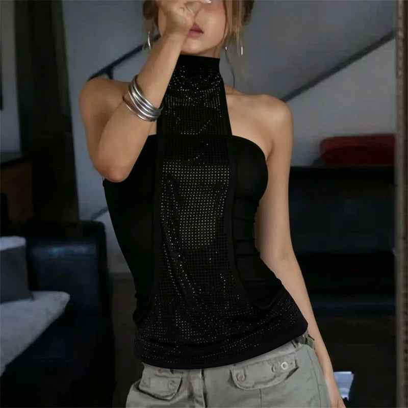 hirigin Women Rhinestone Halter Top Sleeveless Backless Tie Neck Tube Top Y2K Sparkly Mesh Patchwork Tank Top Party Clubwear