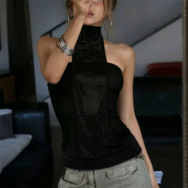 hirigin Women Rhinestone Halter Top Sleeveless Backless Tie Neck Tube Top Y2K Sparkly Mesh Patchwork Tank Top Party Clubwear