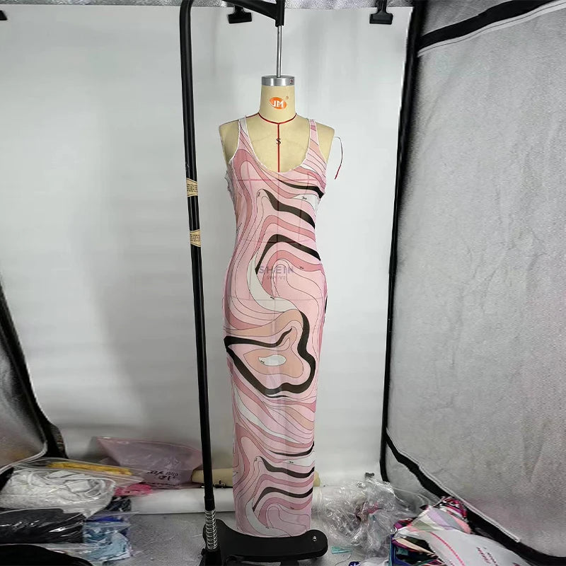 Ondrea Sheer Swirl-Print Mesh Bodycon Maxi Dress One-piece