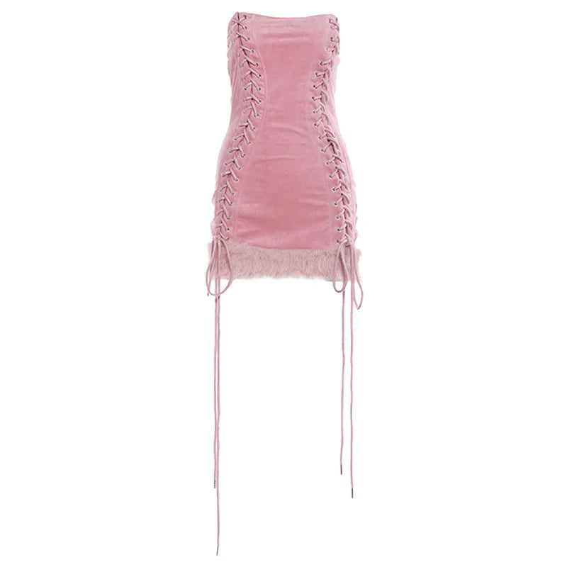 PixieKiki Faux Fur Trim Bandage Bodycon Dresses Clubwear Woman Rave Outfit Pink Strapless Backless Mini Dress P94-GC33