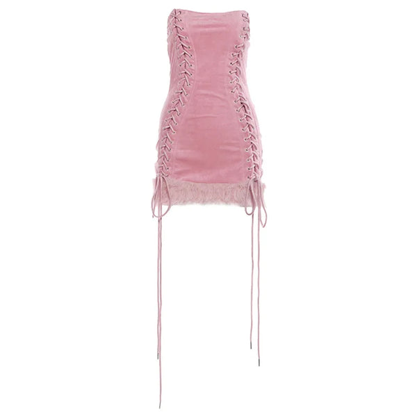 PixieKiki Faux Fur Trim Bandage Bodycon Dresses Clubwear Woman Rave Outfit Pink Strapless Backless Mini Dress P94-GC33