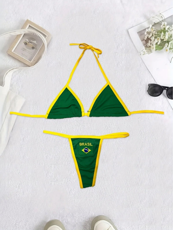 2026 new summer Brazilian flag contrasting bikini retro sexy fashion sports trend fashion backless split niche spicy girl set