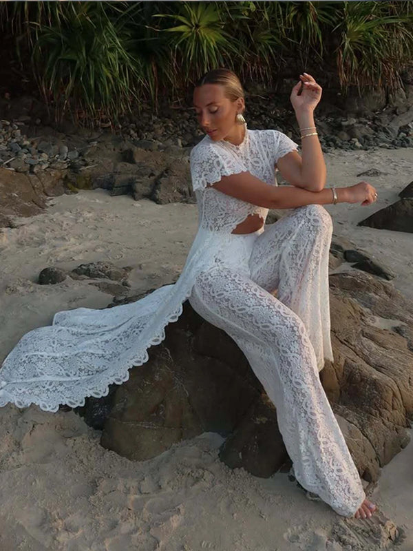Fiora Sheer Floral-Lace Wide-Leg Pants Set Two-piece