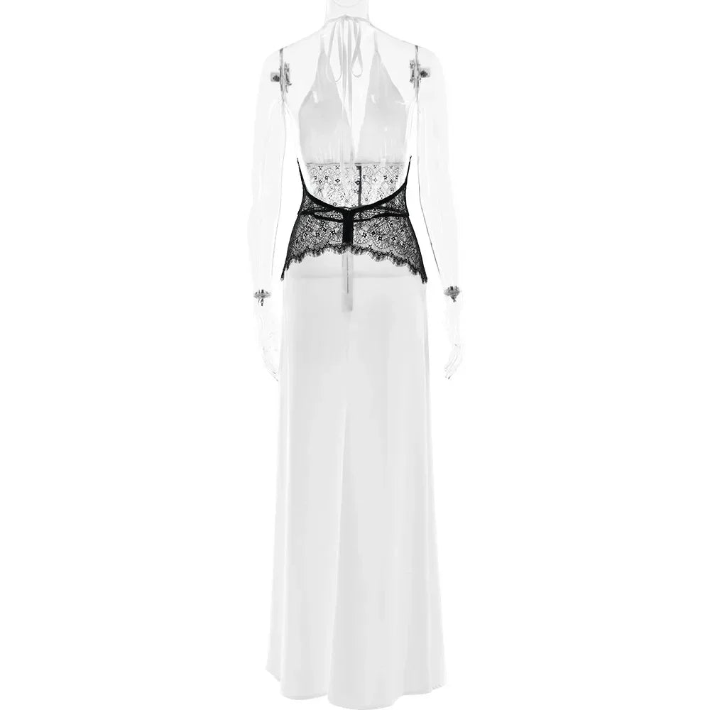 Pervinca Lace-Panel Satin Plunge Halter Backless Maxi Dress