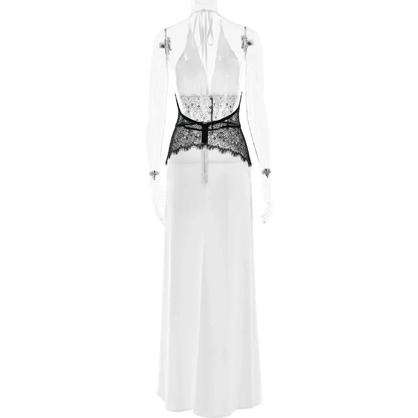 Pervinca Lace-Panel Satin Plunge Halter Backless Maxi Dress