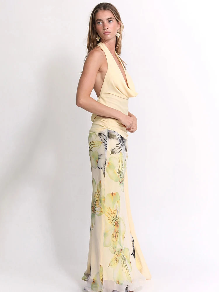 Undine Lace Ruched Halter Maxi Skirt One-piece