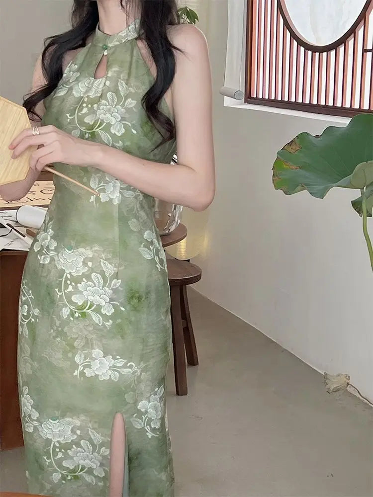 Qing Green Halter Modern Qipao Maxi Dress