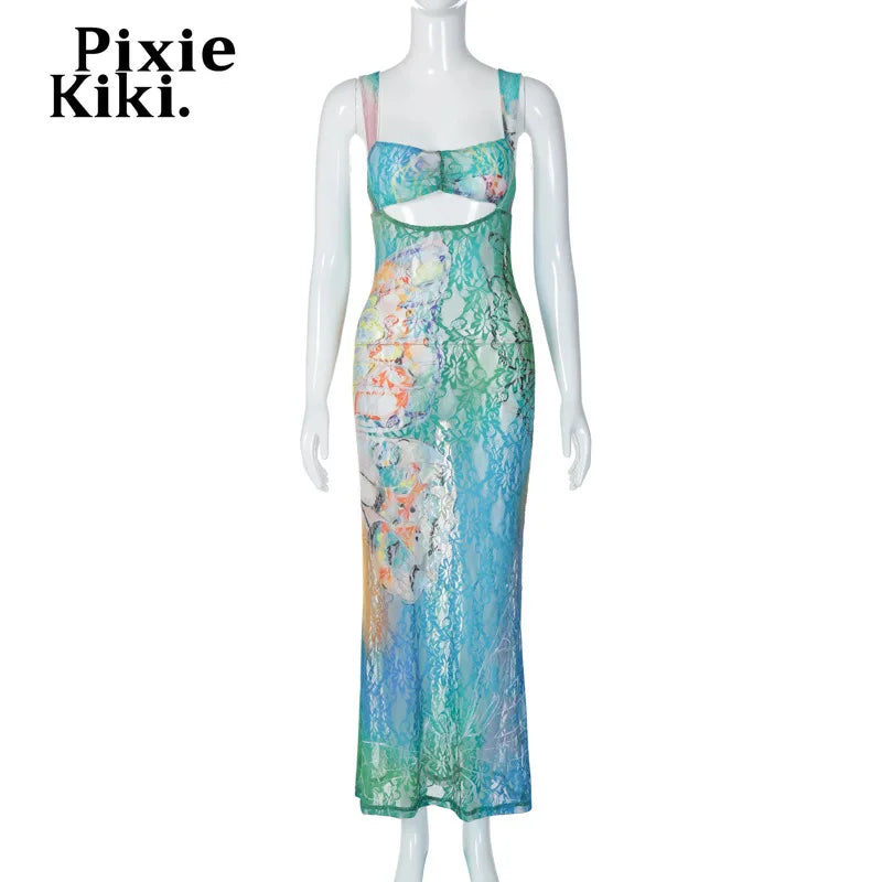 PixieKiki Butterfly Print Lace Mesh Cut Out Dress Transparent Y2k Fairycore Sleeveless Long Summer Dress Womens 2023 C16-DD17