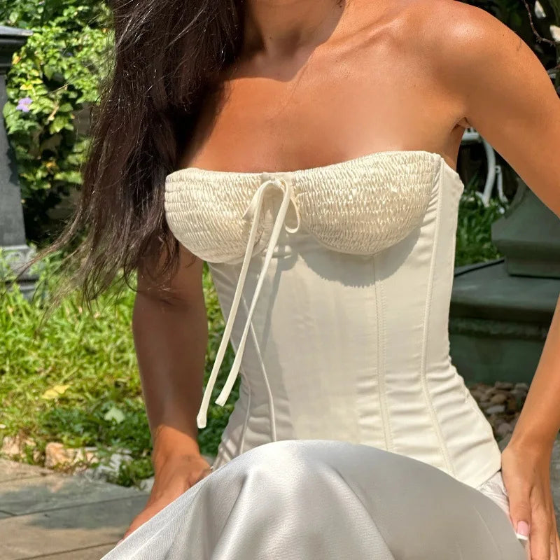 Zinaida Ivory Satin Bow-Front Corset Tube Top One-piece