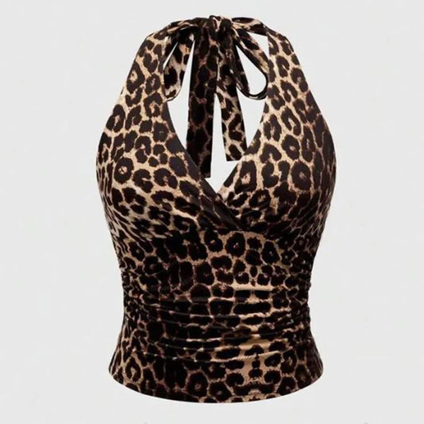 Leocadie Leopard Print Cowl-Neck Halter Backless Ruched Top One-piece
