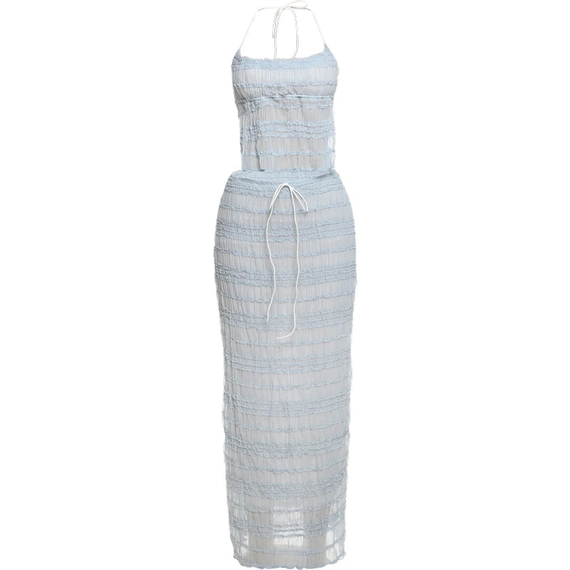 Oksana Sheer Crinkle Mesh Halter Lace-Up Crop Top & Maxi Skirt Two-piece