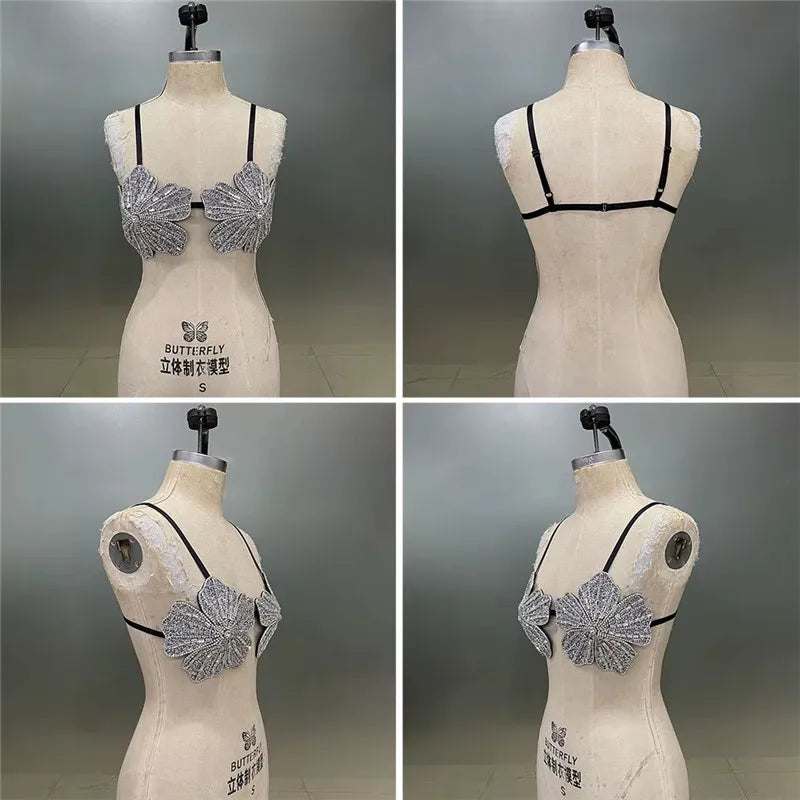 hirigin Handmade Women Sexy Carnival Festival Bralette Outfit Female Rhinestone Embellished Top Flora Crystal Bra Top Party Club
