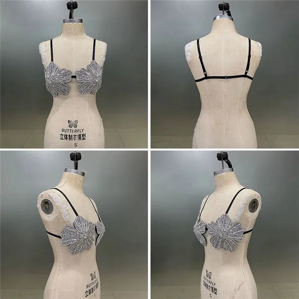 hirigin Handmade Women Sexy Carnival Festival Bralette Outfit Female Rhinestone Embellished Top Flora Crystal Bra Top Party Club