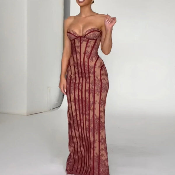 Zenobia Striped Floral Strapless Corset Backless Dress