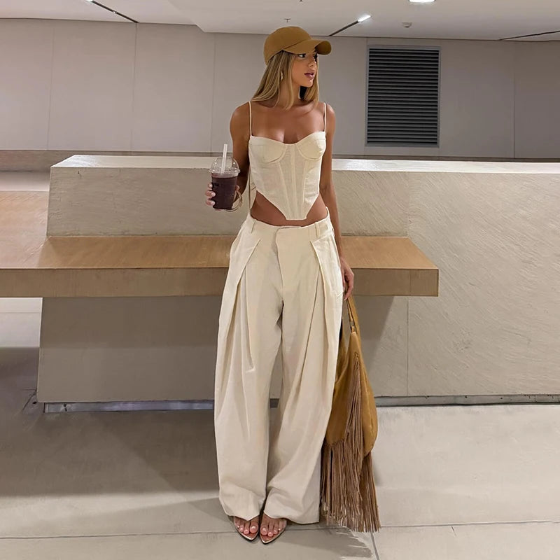 Valentina Striped Lace-Up Tube Top & Wrap Wide-Leg Pants Two-piece