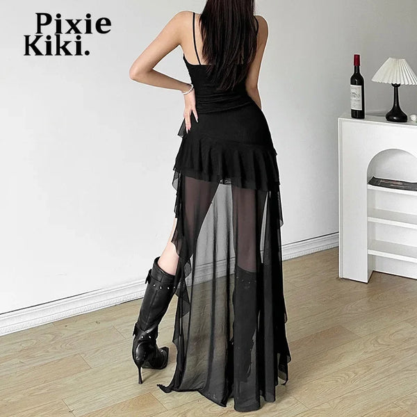 PixieKiki Y2k Sexy Mesh Ruffle Irregular High Low Dress White Black Sleeveless Long Dresses Summer Clothes Women 2024 P94-EZ30