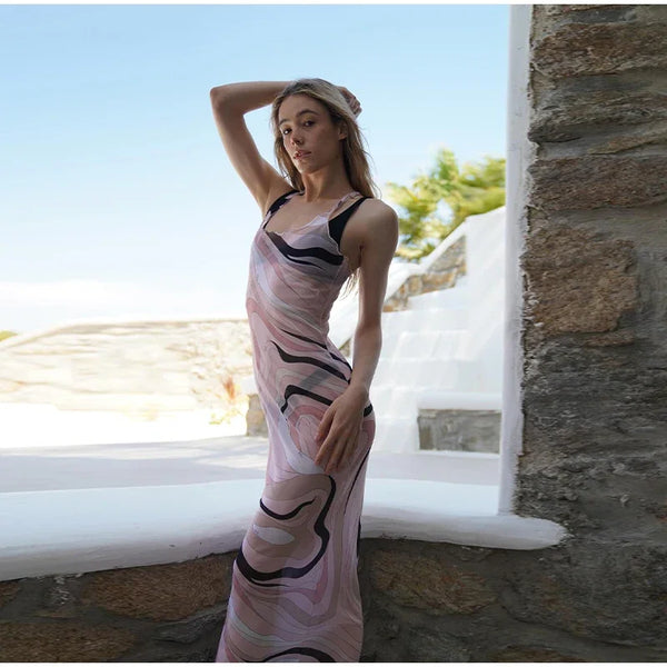 Ondrea Sheer Swirl-Print Mesh Bodycon Maxi Dress One-piece
