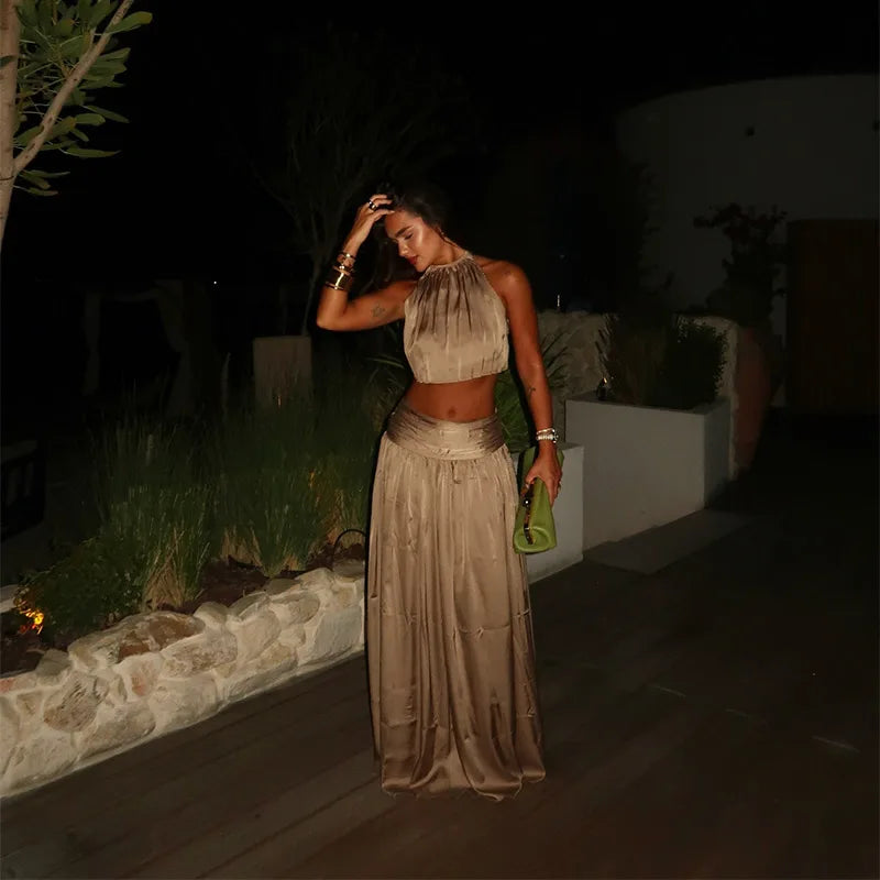 Pilar Lace-Up Halter Crop Top & Pleated Maxi Skirt Two-piece