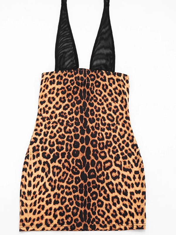 Zaria Leopard Mesh Halter Bodycon Mini Dress