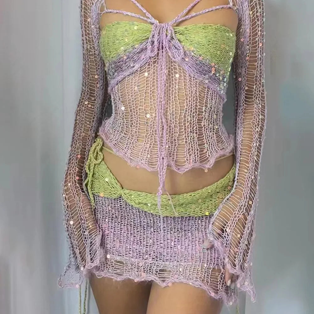Marisela Sequin Crochet Knit Tie-Front Crop Top & Mini Skirt Two-piece