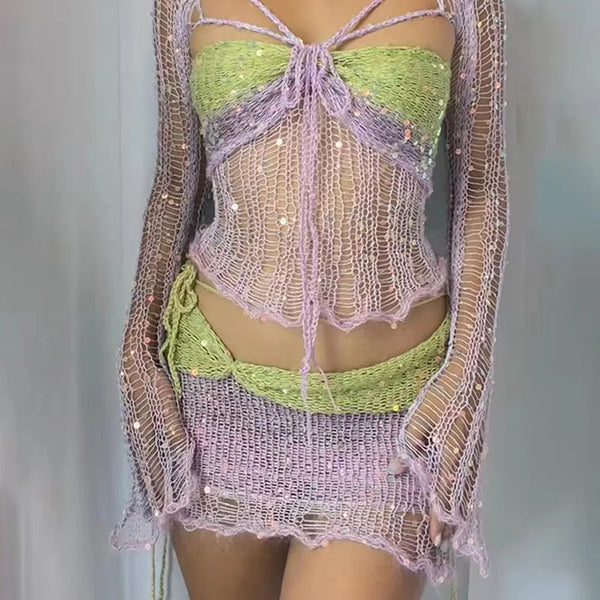 Marisela Sequin Crochet Knit Tie-Front Crop Top & Mini Skirt Two-piece