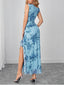Samara Blue Floral Mesh Ruffle Maxi Dress