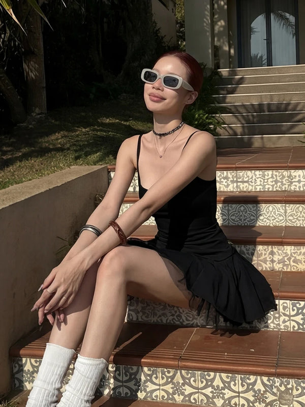Nibber Chic Puffy Hem Mesh Dress Women Folds Square Collar Skinny Sleeveless Summer Fashion Porm Party Sweet Chic Mini Bodycon