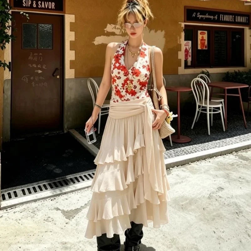 Leokadia Layered Ruffle Tiered Tie-Waist Side-Slit Maxi Skirt One-piece