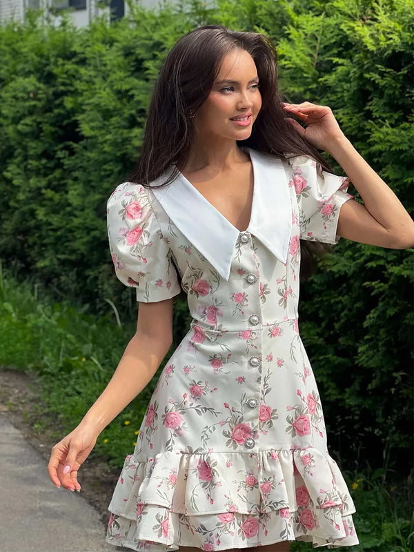 Gisella Floral Collared Puff-Sleeve Pearl-Button Ruffle Mini Dress