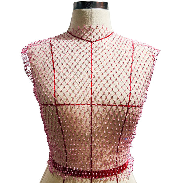 Leqoel Sexy Mesh Crop Tops for Women 2022 Summer Rhinestones Fashion Party See Through Fishnet Tank Hollow Out Backless Top New