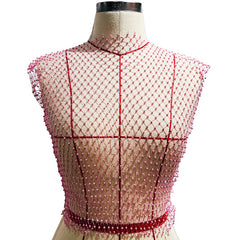 Leqoel Sexy Mesh Crop Tops for Women 2022 Summer Rhinestones Fashion Party See Through Fishnet Tank Hollow Out Backless Top New