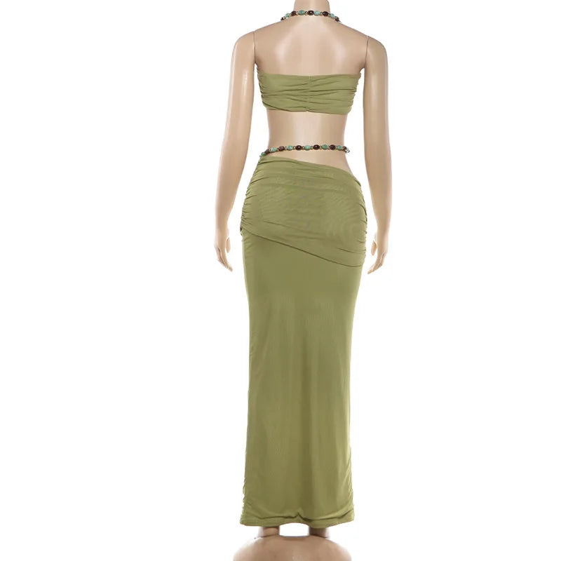 Jade Beaded Halter High-Low Maxi Skirt Set Two-piece