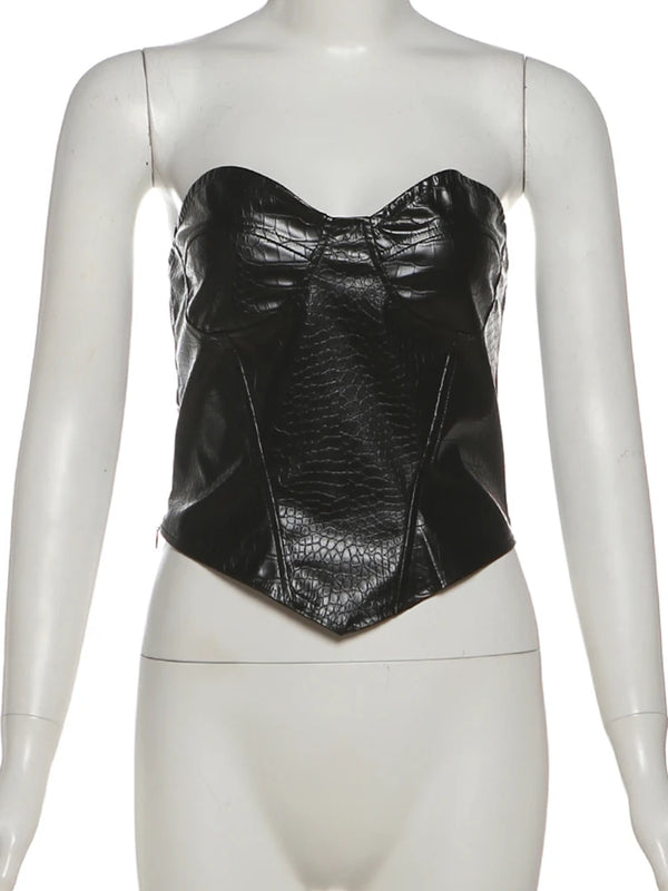 Kliou PU Leather Tank Tops Woman Sexy Chest Wrap Off Shoulder Backless Shape Waist Look Slimmer Hot Girls Street Fashion Vest