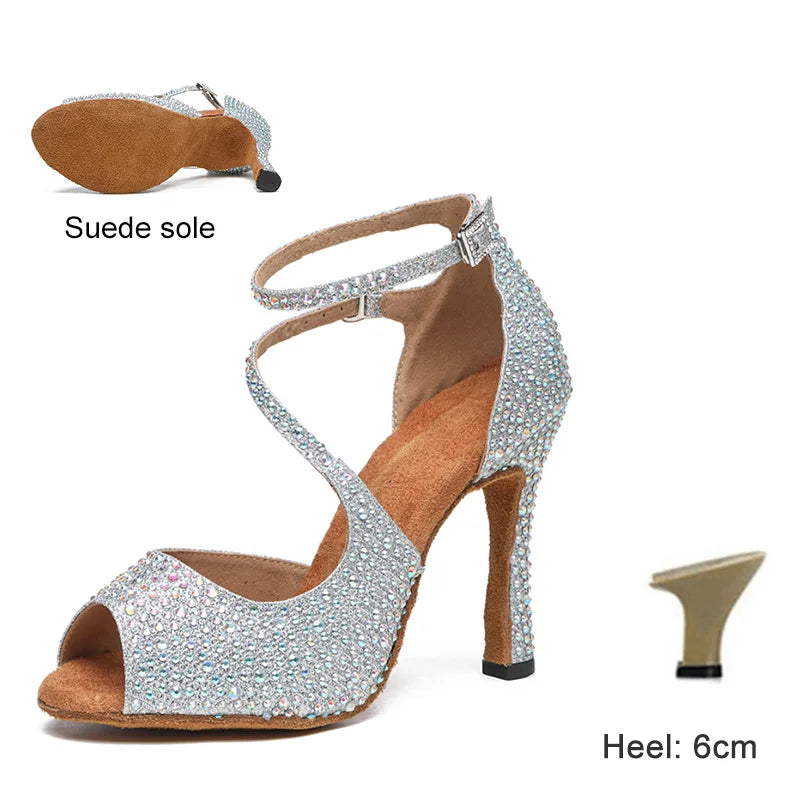 DKZSYIM Latin Dance Shoes For Women Ballroom Tango Rhinestones Dancing Shoes High Heels Black/Silver/Gold Women's Wedding Shoes